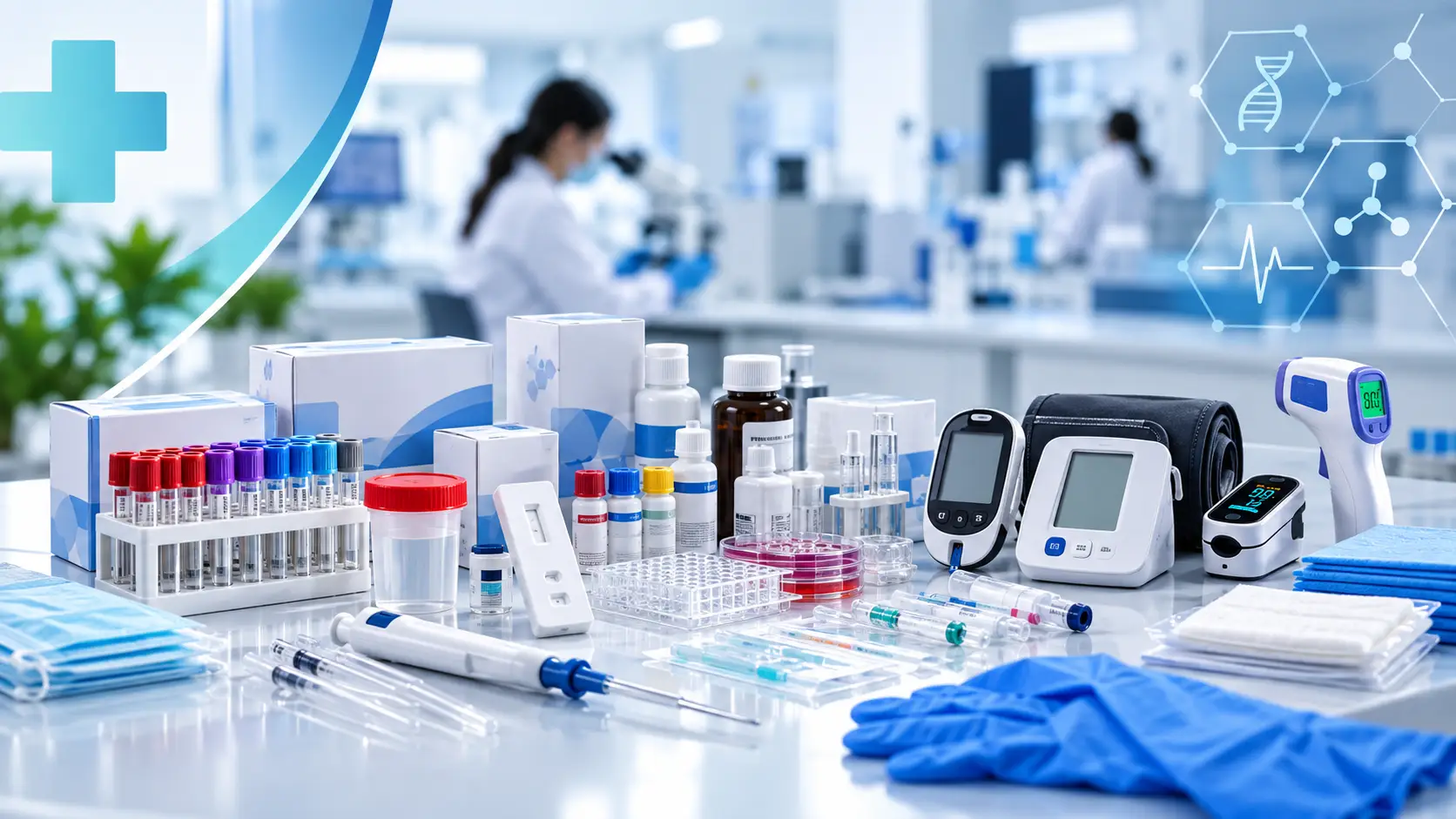 Diagnostic test kits, blood collection tubes and medical consumables in a laboratory