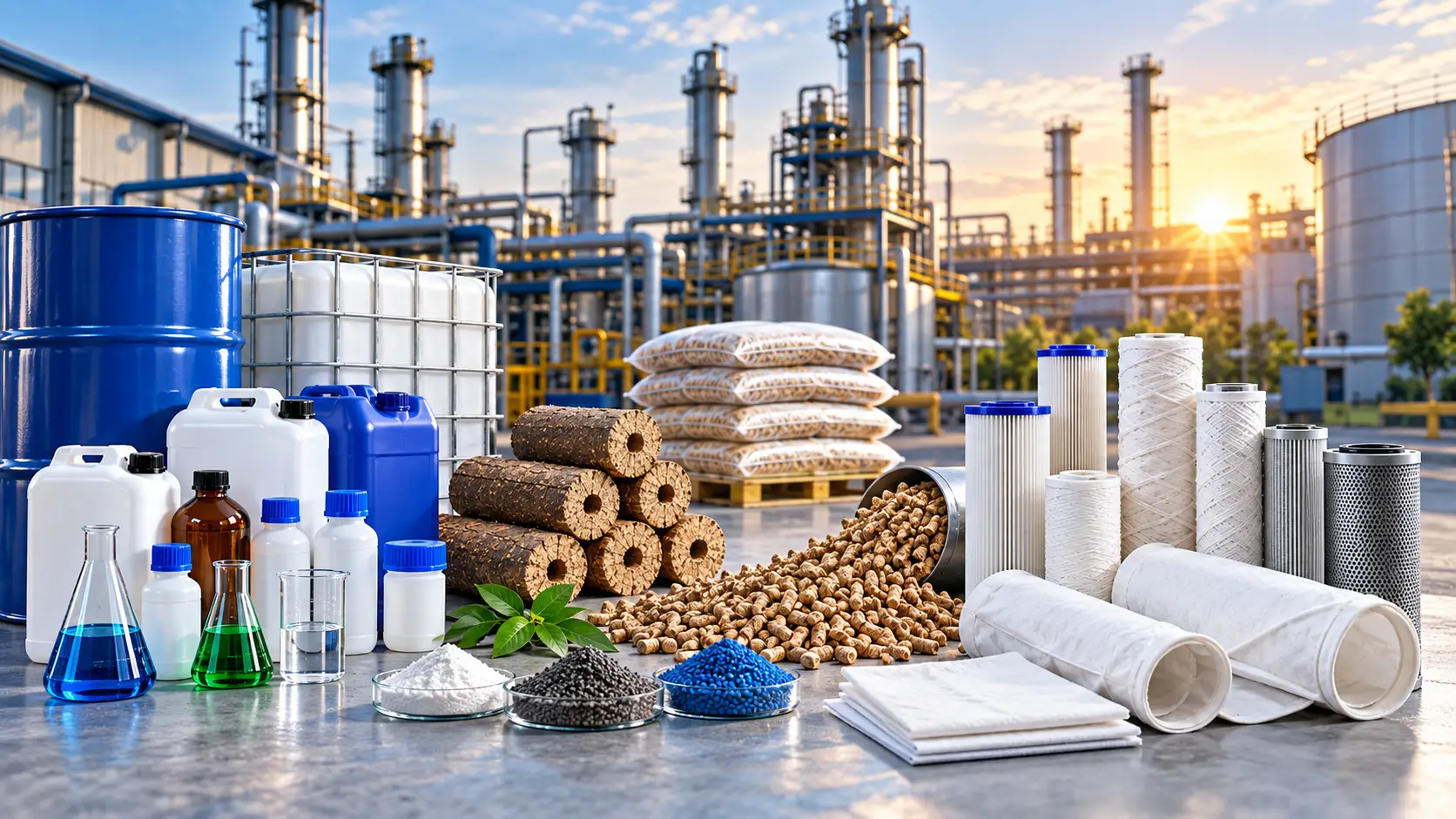 Industrial chemicals, biomass briquettes and filtration products in front of a processing plant